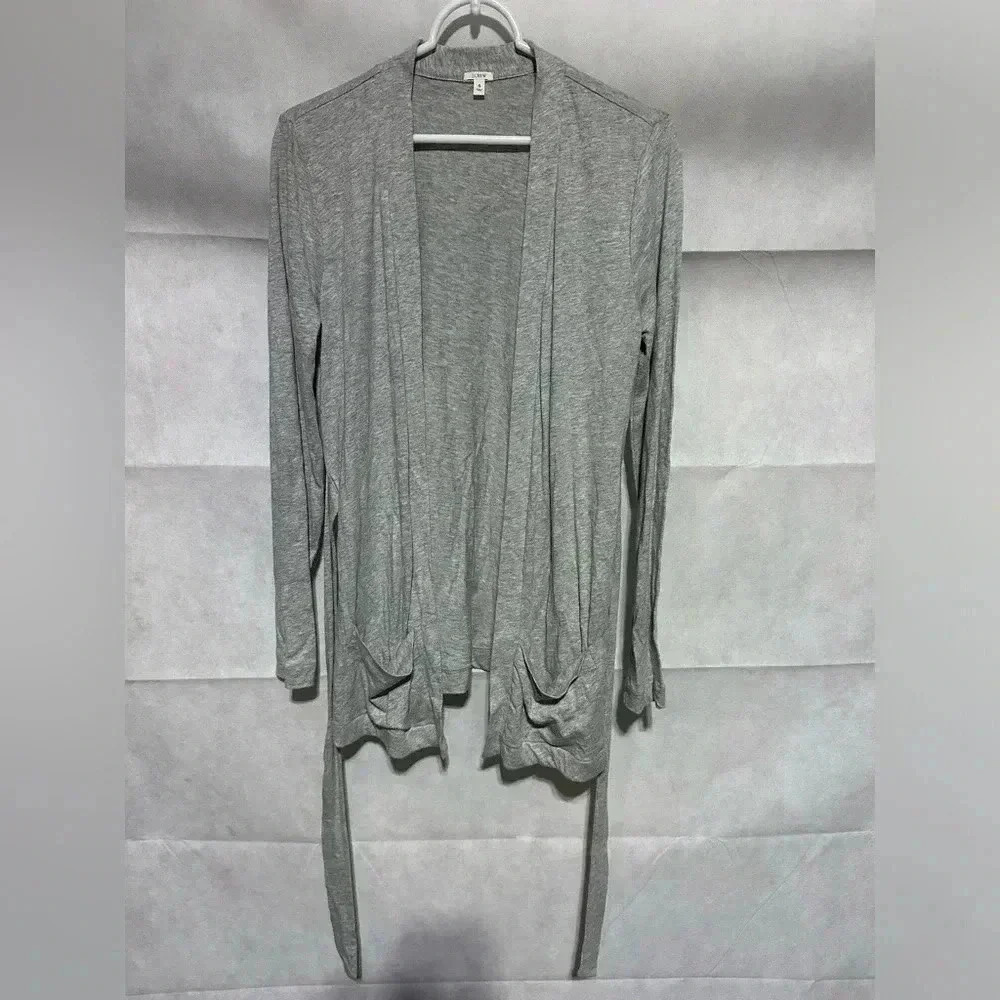J. Crew Cardigan Womens S Gray Belted Tie Wrap VNeck Long Sleeve Pockets Cotton